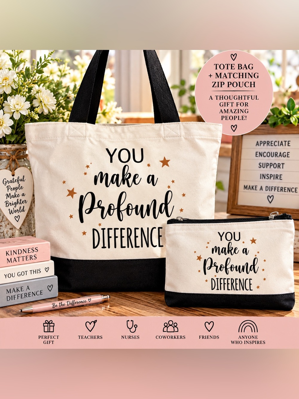 Canvas Tote Bag and Zip Pouch Set - Black and Cream Inspirational Design